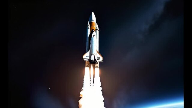 Rockets starship flying in outer space. Space shuttle flight slow motion. Planet Earth on background. Sci-fi concept