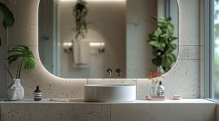 A mirror in a space designed in a modern style in stone tones. Bathroom. Generative AI.
