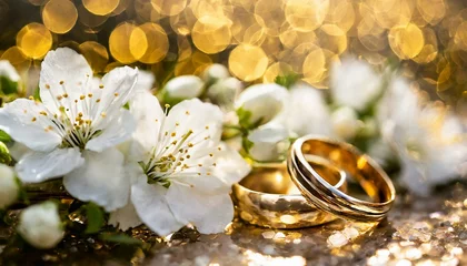 Fotobehang wedding symbols two golden weading rings © Viktorija