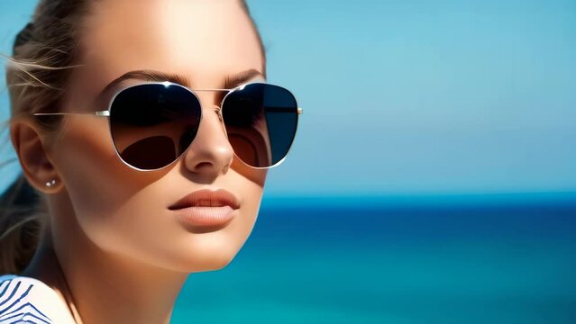 Beautiful attractive model in sunglasses near calm blue sea close up. Portrait of young woman slow motion. sunny summer day. Travel and vacation concept copy space