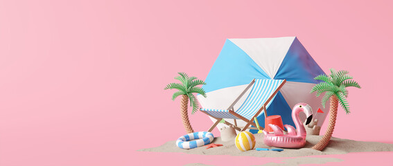 Summer beach, chair with umbrella and inflatable ring, flamingo float with pink background. 3d rendering