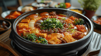 A large hot pot filled with various ingredients, including meat and vegetables, is placed on the table. Generative AI.