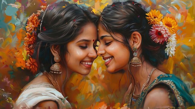 Beautiful sisters  national costumes
Indian . Girlfriends. Sisters' Day. Friendship Day. - Powered by Adobe