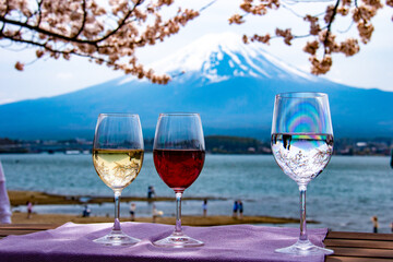 河口湖の春　桜と富士山とワイングラス