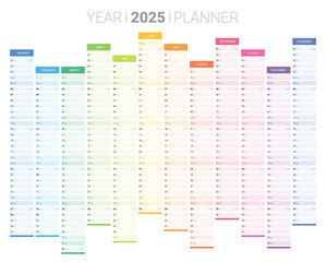Year 2025 colorful calendar with daily agenda vector illustration. Schedule page journal, stationery calendar, organizer template with twelve months. Wall planner with space for personal notes