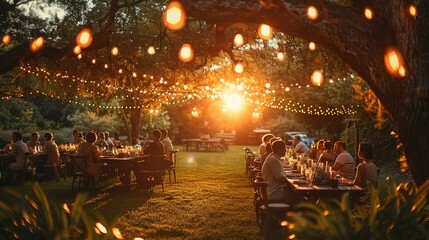A garden birthday party at sunset. Generative AI. - Powered by Adobe