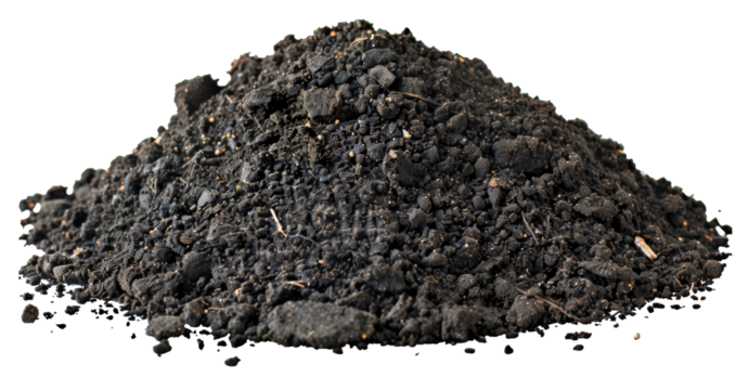 Textured black volcanic gravel spread isolated on transparent background