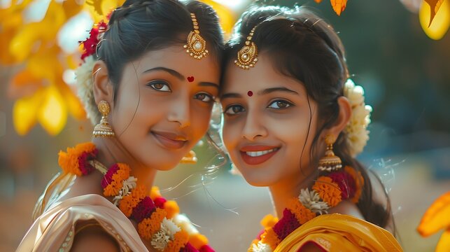 Beautiful sisters Indian .
national costumes  Girlfriends. Sisters' Day. Friendship Day. - Powered by Adobe