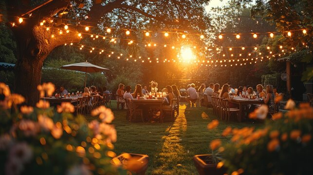 A garden birthday party at sunset. Generative AI.