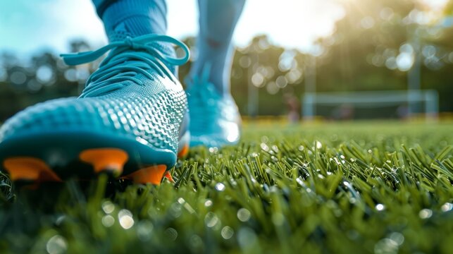 Close-up of soccer cleats on the grassy field