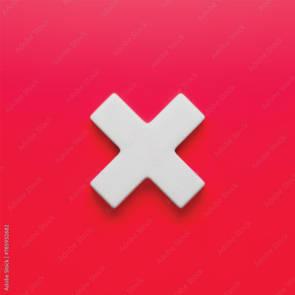 Fototapete 3D realistic wrong check mark sign on red. No or incorrect check mark. Disapprove or wrong choice. Multiplication mathematical, arithmetic symbol for working with calculations three-dimensional vector