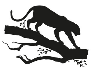 Vector silhouette of a leopard climbing on a tree branch.
