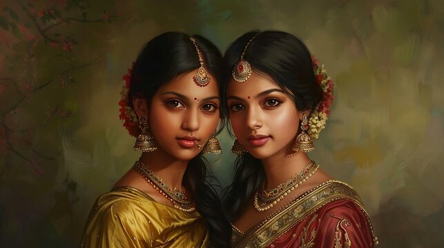 Beautiful sisters Indian .
national costumes  Girlfriends. Sisters' Day. Friendship Day.