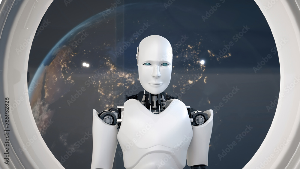 Poster xai 3d illustration futuristic robot, artificial intelligence cgi inside spaceship in space universe