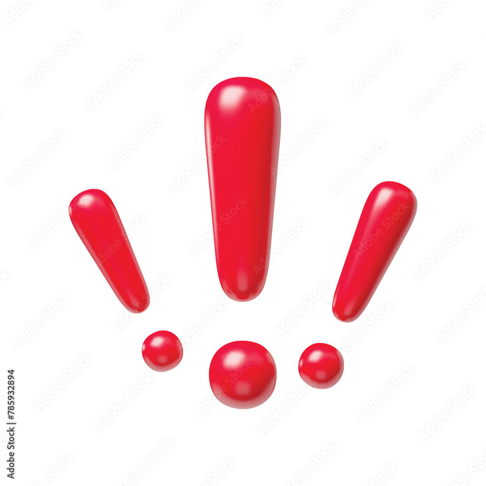 Fototapete Group of red exclamation signs realistic 3d symbols. Glossy exclamation marks, warning, attention, secure signals, caution or error mark three-dimensional rendering vector illustration