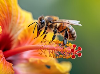 Photo of a honeybee on top of an orange and yellow hibiscus flower