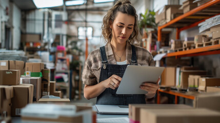 Fototapeta premium The entrepreneur, a young woman with a determined expression, sits at her desk surrounded by stacks of cardboard boxes filled with products ready for shipping. 