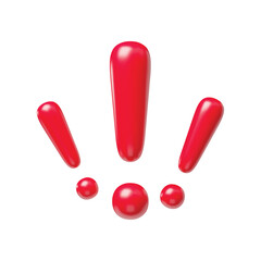 Group of red exclamation signs realistic 3d symbols. Glossy exclamation marks, warning, attention, secure signals, caution or error mark three-dimensional rendering vector illustration