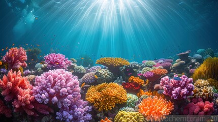 Naklejka na ściany i meble In the Heart of the Ocean: Dynamic Underwater Photography Showcasing a Lively Coral Reef