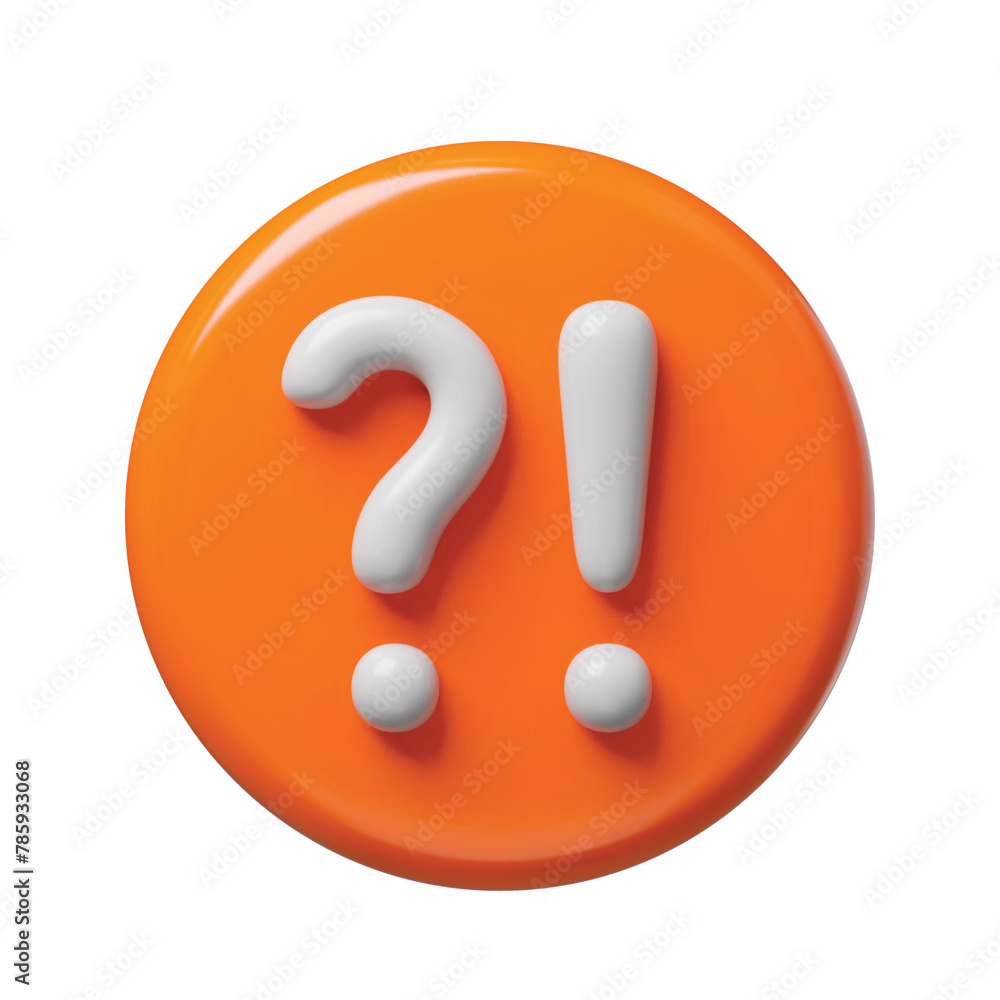Fototapete Question and exclamation signs 3d orange realistic glossy button. Exclamation and question punctuation marks, attention signals three-dimensional rendering vector illustration