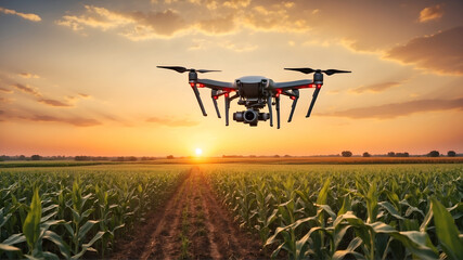 Drone flying over corn field at sunset  - obrazy, fototapety, plakaty