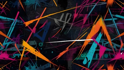 Abstract seamless grunge pattern. Urban art texture with neon lines, triangles, chaotic brush...