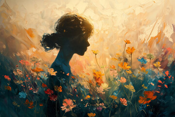 Oil painting of a silhouette of a portrait of a girl against the backdrop of a flowering meadow at sunset, wall painting for interior decor