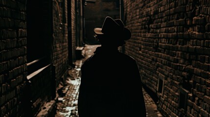 Suspenseful Fedora Hat Figure Lurking in Dark Alley AI Generated - obrazy, fototapety, plakaty