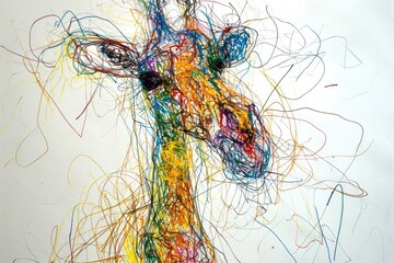 The hand drawing colourful picture of giraffe that has been drawn by the colored pencil, crayon or chalk on the white blank background that seem to be drawn by the child that willing to draw. AIGX01. - obrazy, fototapety, plakaty