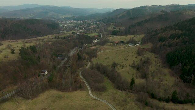 Countryside Landscape In Spa Town Jedlina-Zdroj In Lower Silesia, Poland. aerial tilt-up shot