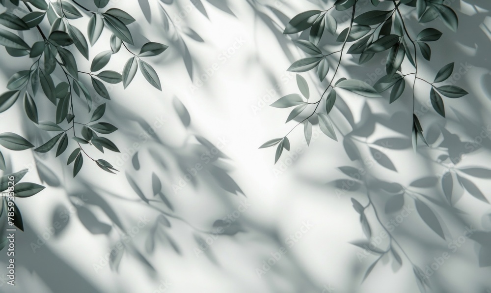Poster an abstract representation of nature's beauty, with leaves and shadows creating intricate patterns o