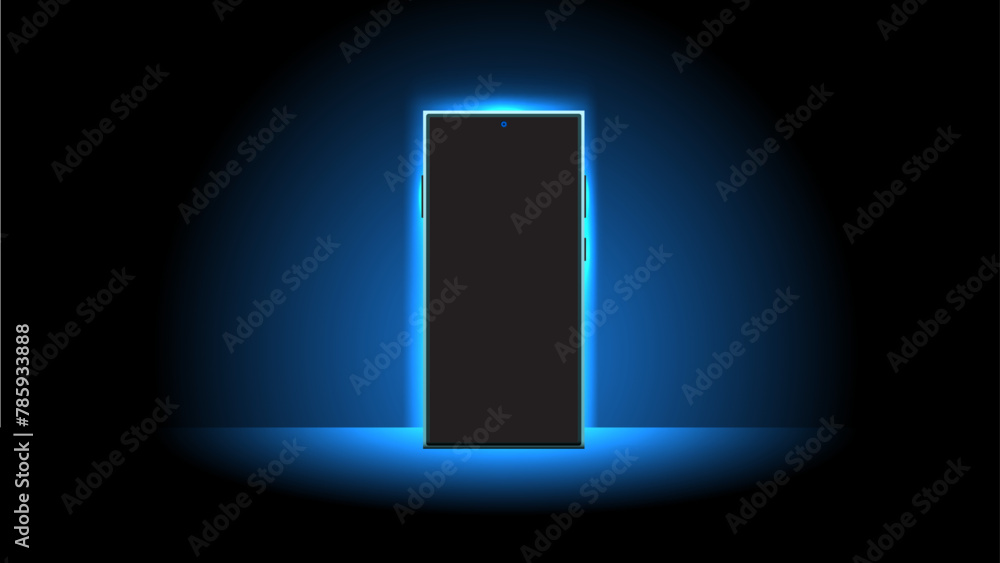 Poster smartphone mobile screen with glowing blue background and technology mobile phone with display light