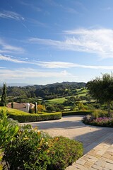 Obraz premium An upscale gated community nestled in the rolling hills, offering panoramic views, spacious estates, and exclusive amenities such as golf courses and country clubs, Generative AI