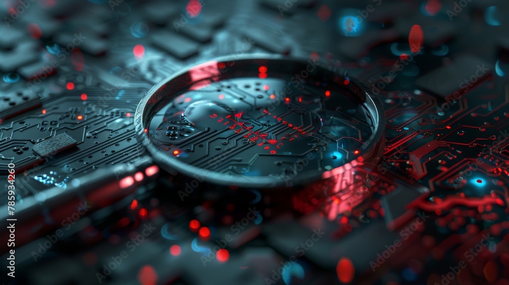 Poster a binary lock with a magnifying glass, highlighting the meticulous process of identifying and patchi