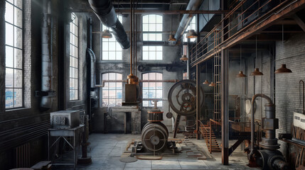 Fototapeta na wymiar Industrial Interiors rugged beauty of industrial interiors with exposed brick walls, metal beams, and vintage machinery 