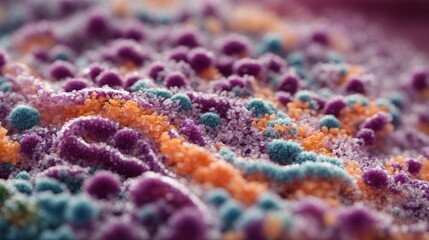 Bacteria Cell Structure in Red with Blood: Microscopic Biology Illustration of Electric Blue Texture and Fractal Pattern