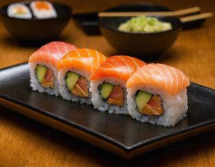 japanese sushi food. Maki ands rolls with tuna, salmon, shrimp, crab and avocado. Top view of assorted sushi. Rainbow sushi roll, uramaki, hosomaki and nigiri.