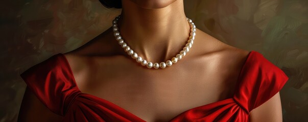woman's neck and shoulder area, highlighting a pearl necklace alongside her elegant, red embroidered dress