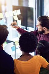 Businessman, glass and write to coach in office, teamwork and idea for solution with sticky notes....