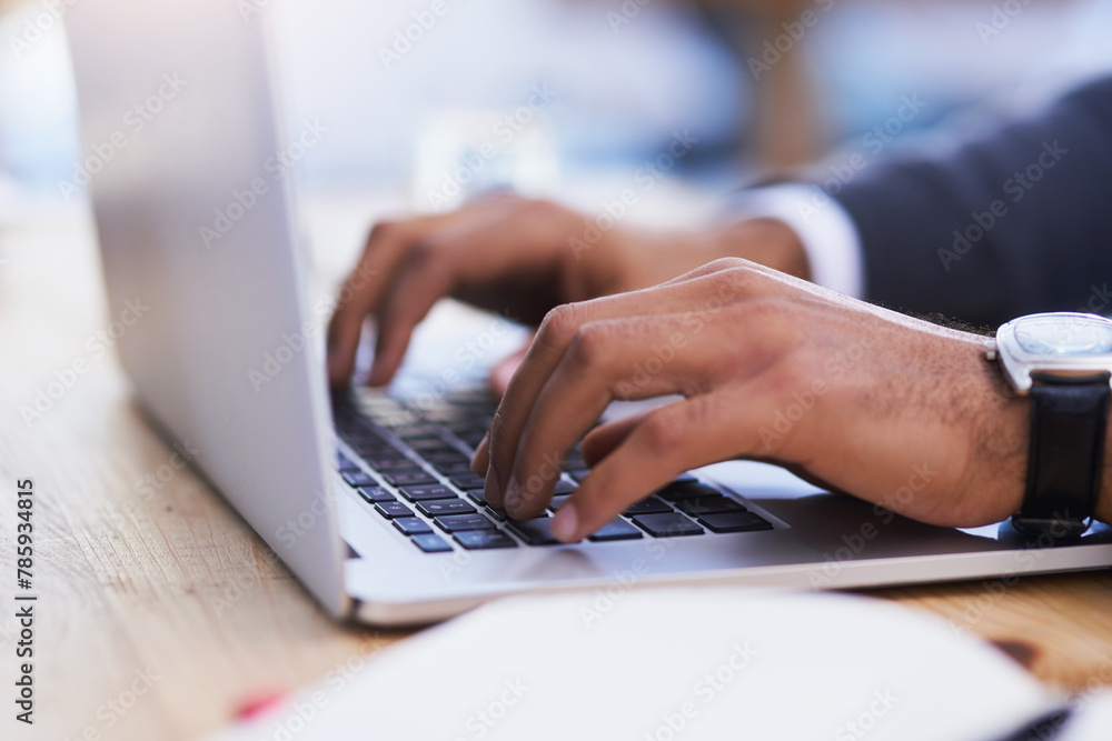 Poster hands, laptop keyboard and desk for writing article, online research and business communication. fin