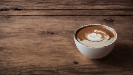 Aromatic Latte Art on Rustic Wood: A cup of latte art sits atop a rustic wooden table, the warm tones of the wood complementing the creamy foam design. This image captures the simple pleasures of a co