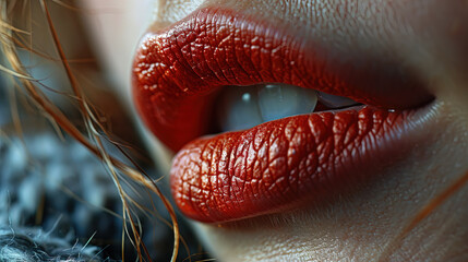 Pretty Women Dark Red Lips With Red Lipstick Macro View