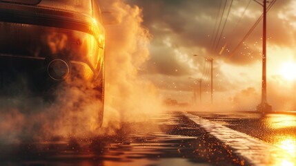 A car exhaust pipe spewing fumes into the atmosphere, with a heat wave distortion shimmering above the road, symbolizing the link between transportation emissions and rising temperatures. - obrazy, fototapety, plakaty