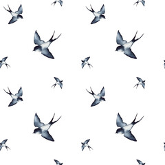 Swallow, martlet, seamless pattern, background. Clear white sky. Barn swallow flying, wings spread. Hirundo rustica on white background. Wildlife. Tattoo design, watercolor art, bird set, wild animals