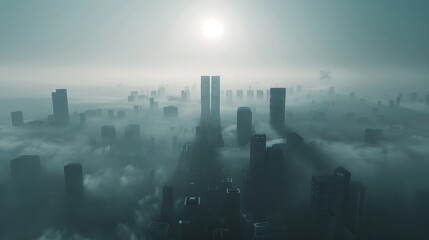 A city skyline shrouded in thick smog, emphasizing the issue of air pollution and its link to global warming.