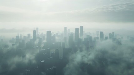 Fototapeta premium A city skyline shrouded in thick smog, emphasizing the issue of air pollution and its link to global warming.