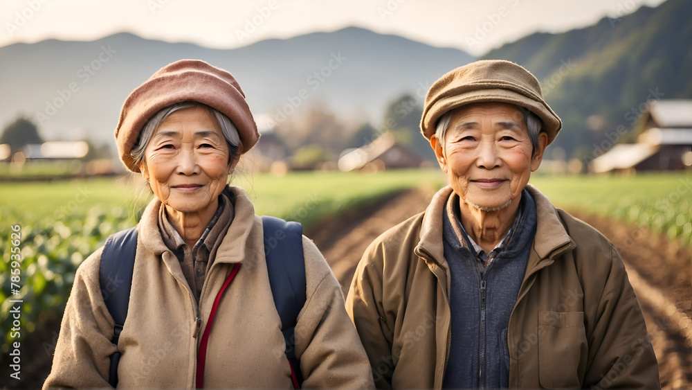 Wall mural Portrait of Japanese couple in farmland 