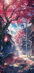 Japanese anime style street and nature wallpaper with sakura tree on the side street