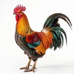 A colorful rooster stands proudly isolated on a white background.