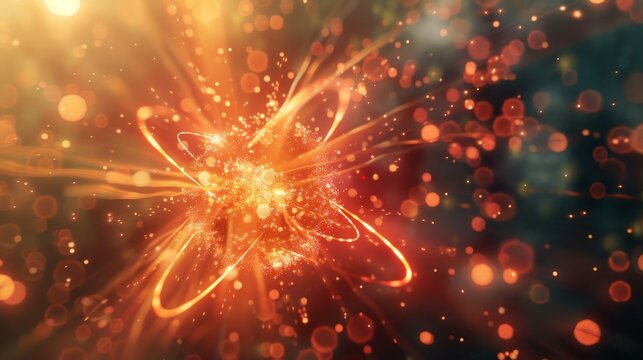 A close-up of an atom splitting apart in a burst of energy, symbolizing nuclear fission and the power of the atom.3D rendering
